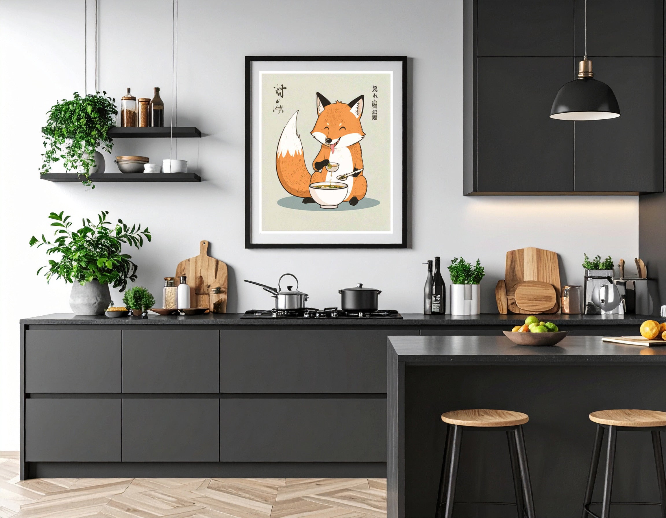 Happy Japanese fox eating noodles - Art print