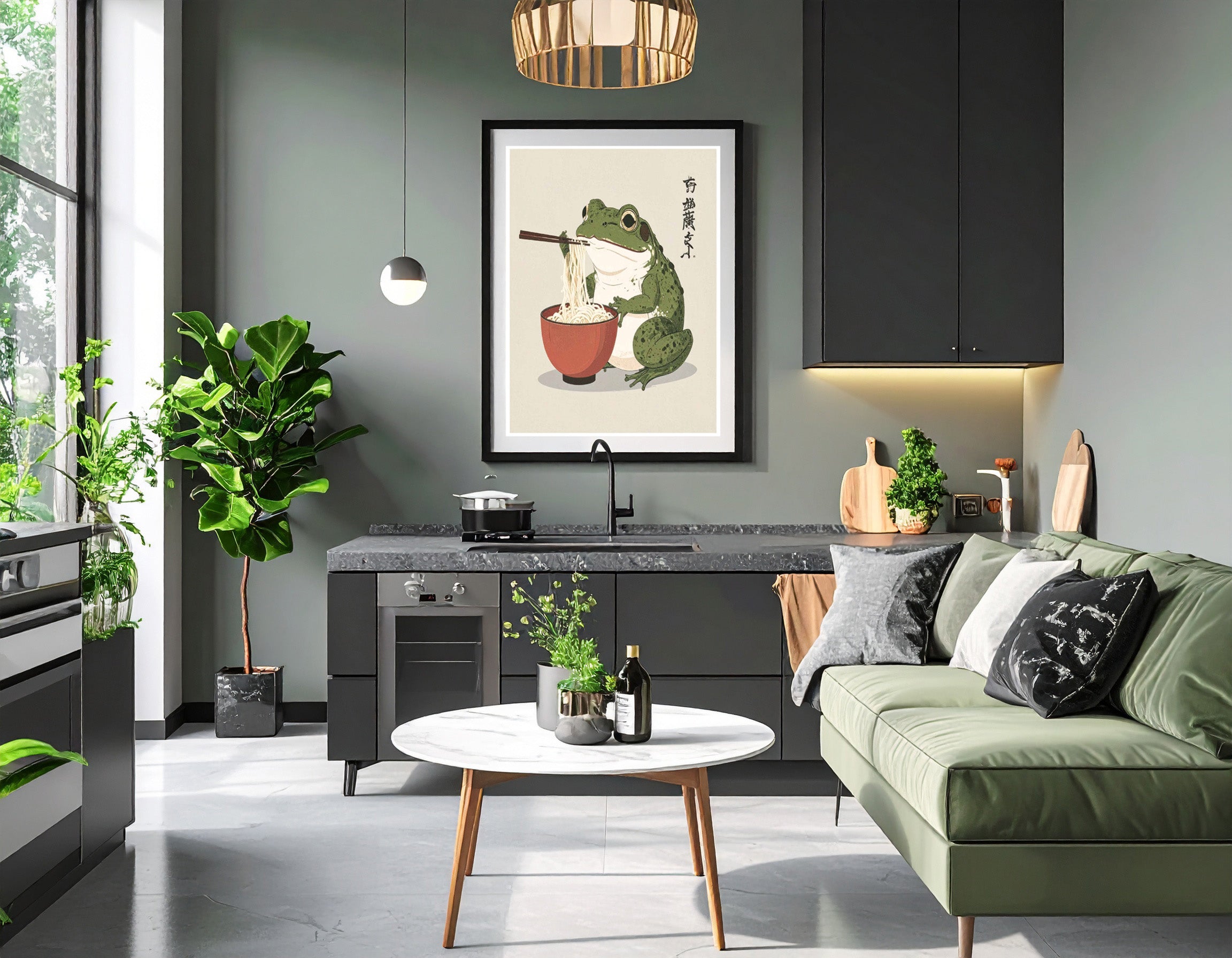 Happy Japanese frog eating noodles - Art print