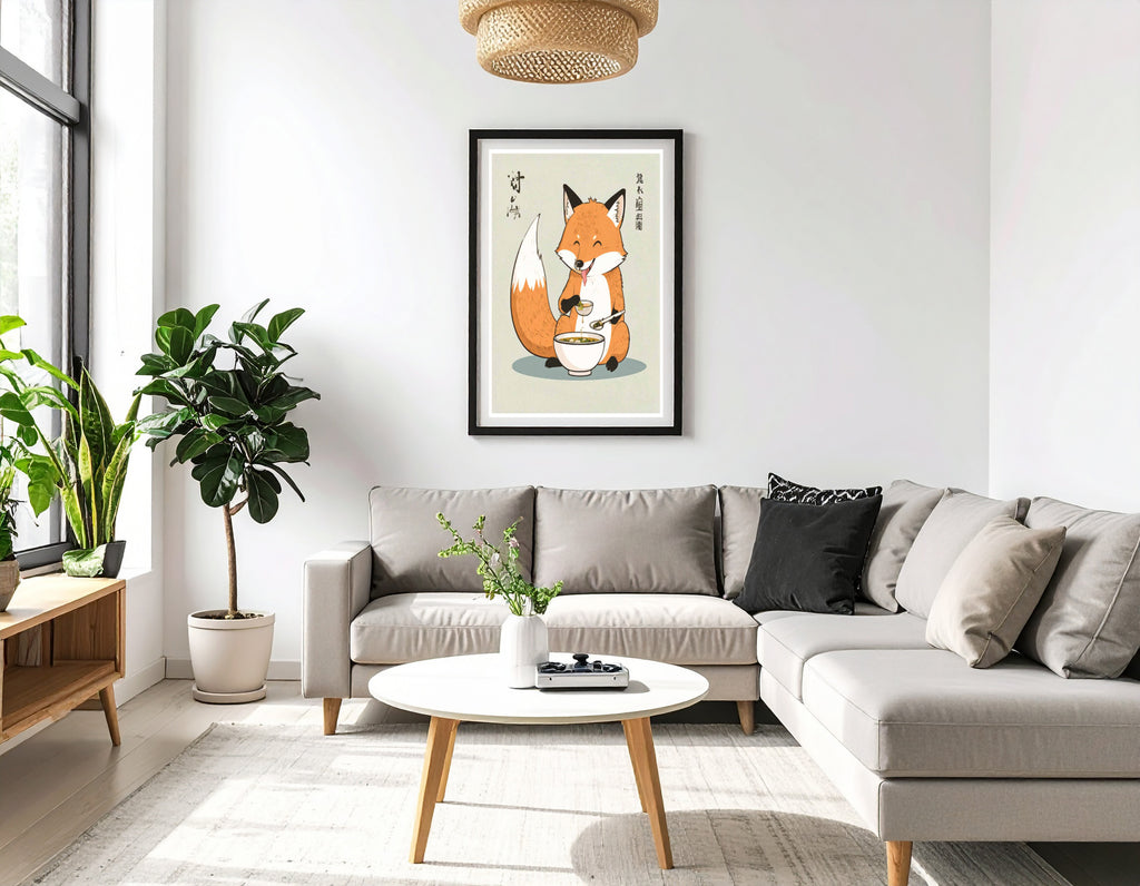 Happy Japanese fox eating noodles - Art print