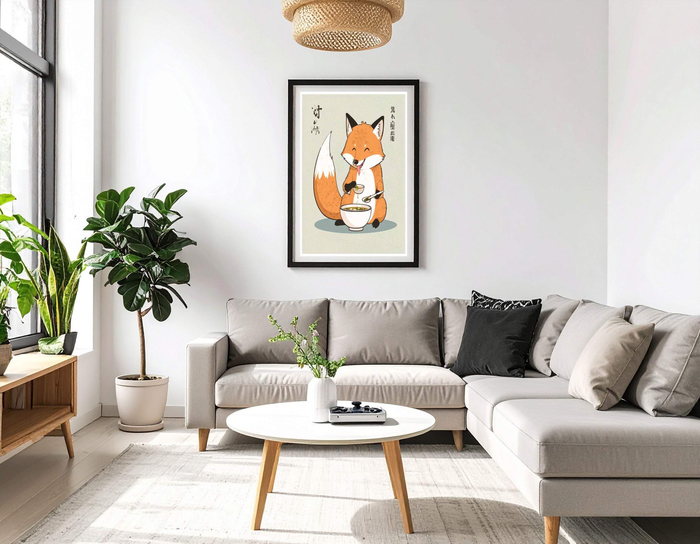 Happy Japanese fox eating noodles - Art print