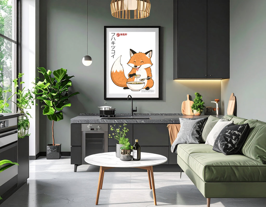 Happy Japanese fox 2 eating soup - Art print