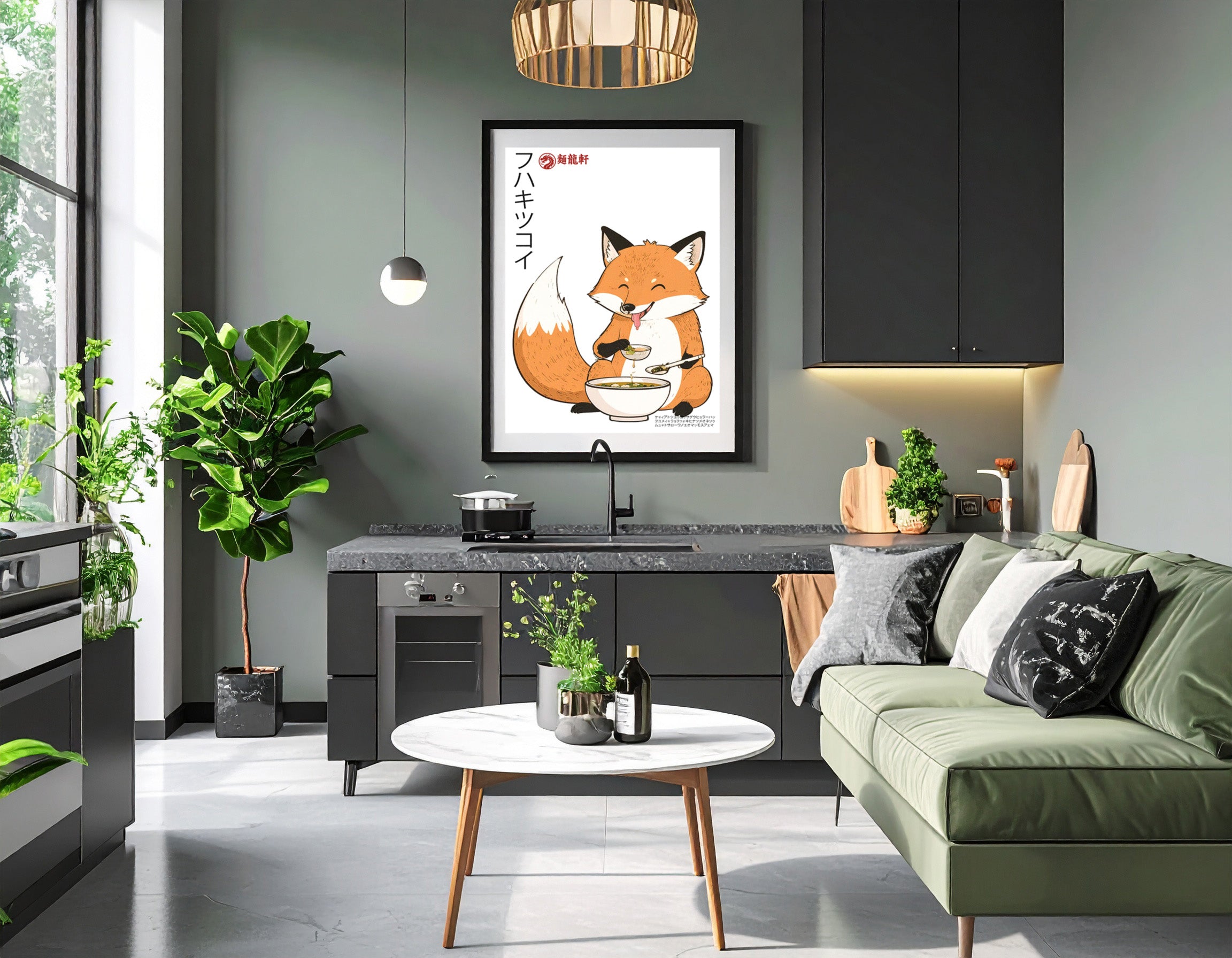 Happy Japanese fox 2 eating soup - Art print