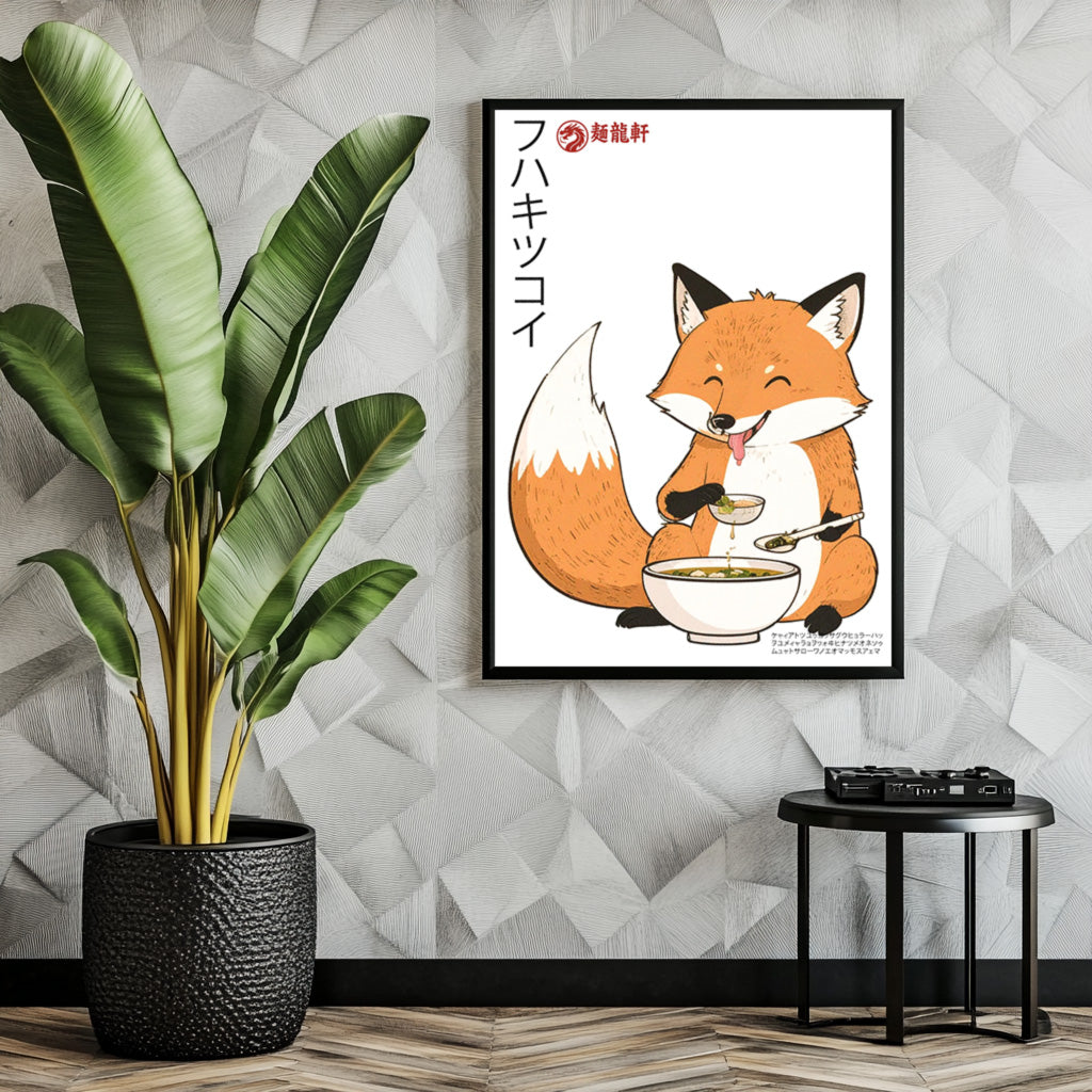 Happy Japanese fox 2 eating soup - Art print