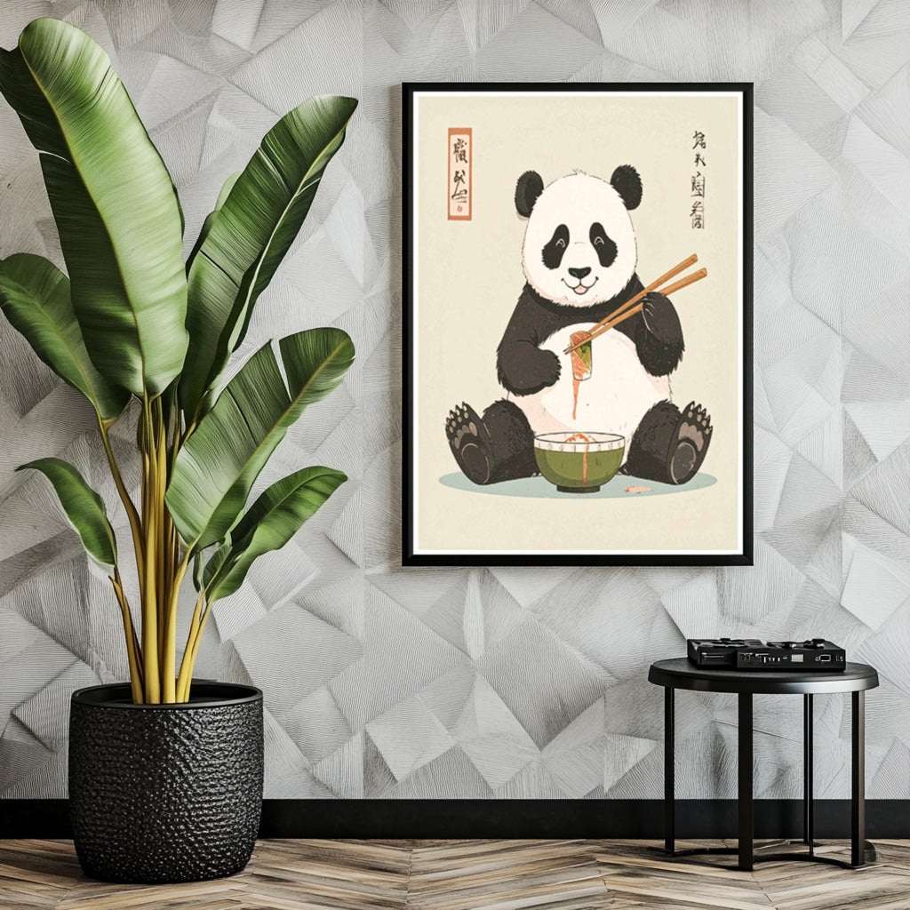 Happy Japanese panda eating Sushi  - Art print