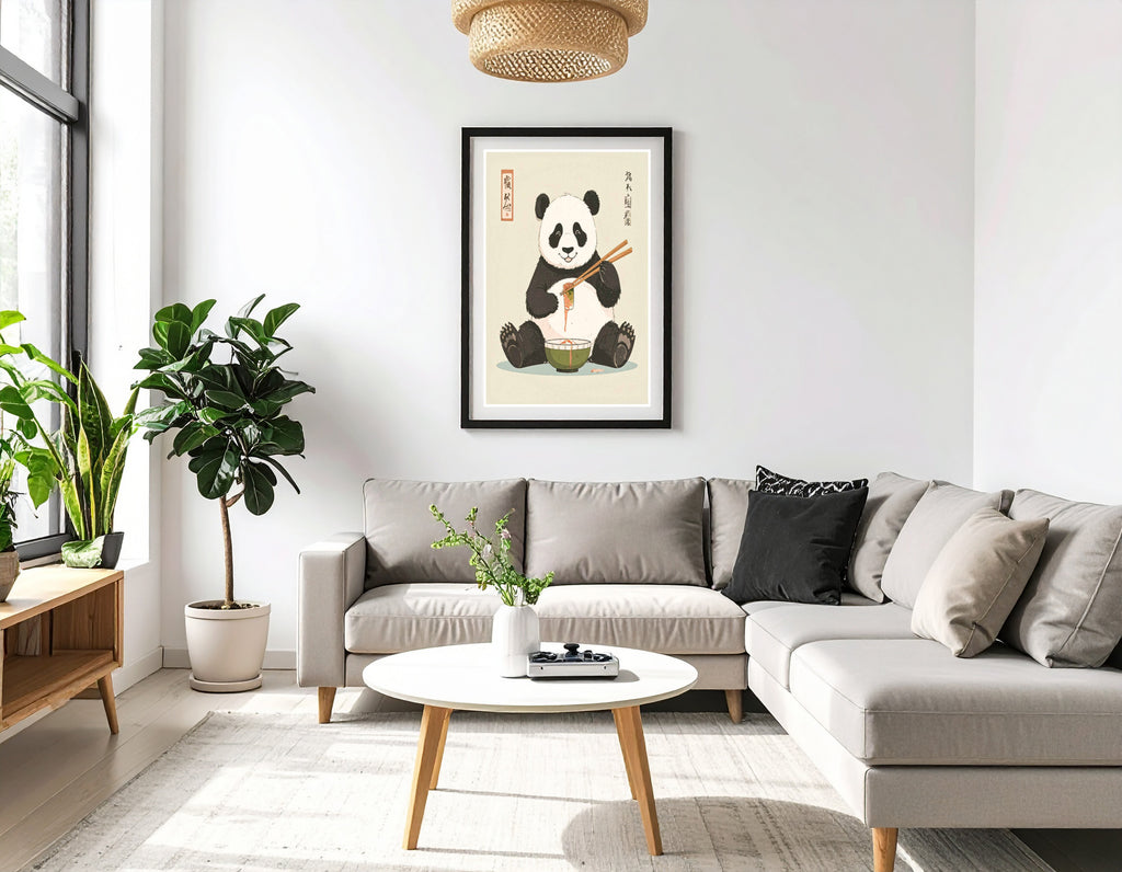 Happy Japanese panda eating Sushi  - Art print