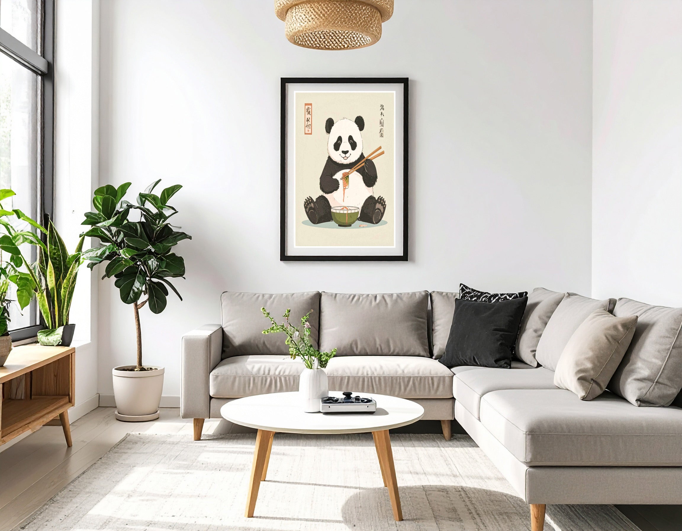 Happy Japanese panda eating Sushi  - Art print